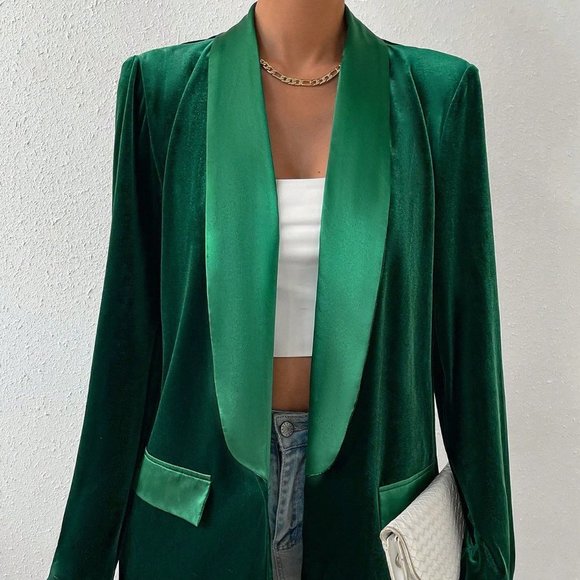 Green Elegant Womens Shawl Collar Open Front Velvet Blazer - Picture 4 of 5